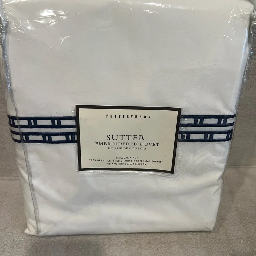 Pottery Barn Sutter Ink Blue Contemporary Embroidered Bed Duvet King California
